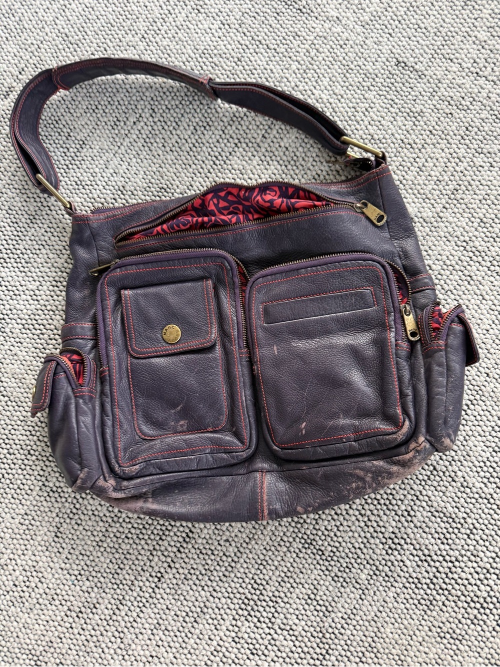 Marc by Marc Jacob’s Leather Shoulder Bag in Dark Plum with Red Accent
